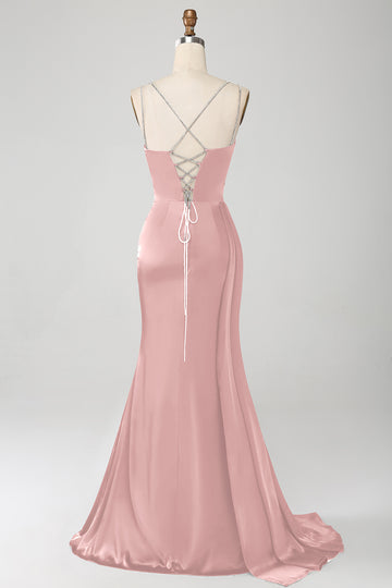 Vestido de fiesta largo largo de corsé largo con correas de espagueti de sirena rosa polvorienta con abertura